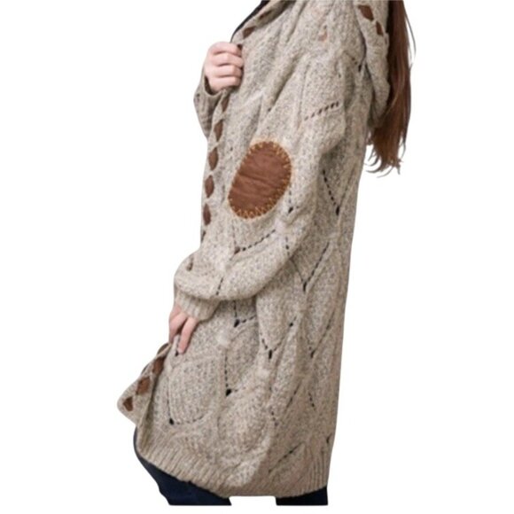 POL Cardigan Sweater M Beige Faux Suede Cable Hood Duster Long Boho Western` - Picture 2 of 16